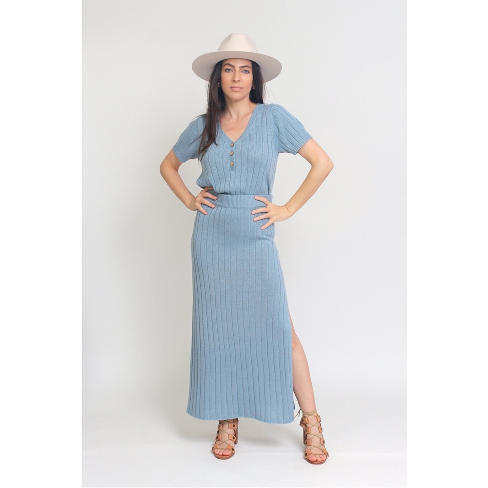 Ribbed Henley Sweater Skirt Set
